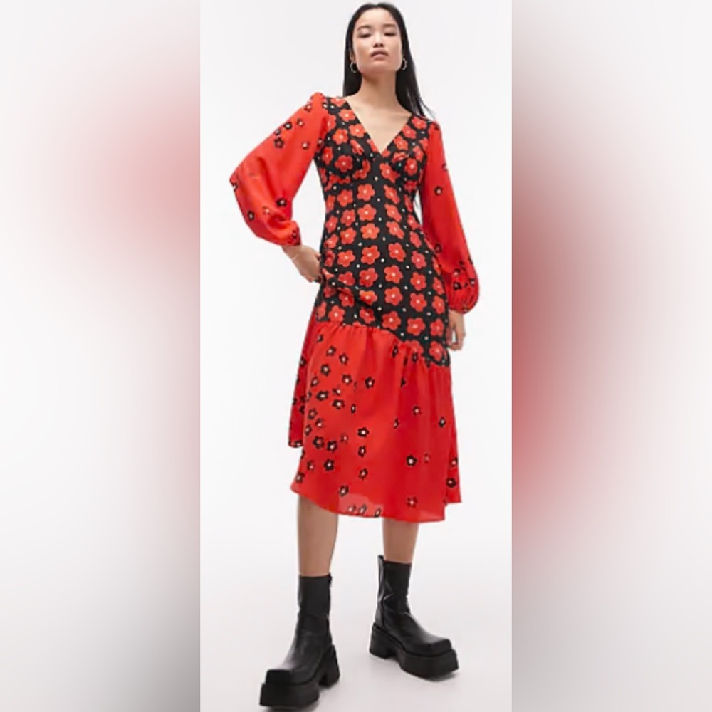 Topshop Long Sleeve Flounced Floral ColorBlock Midi Dress Navy & Poppy Red TB15 - Picture 11 of 12